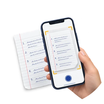 A hand holding a phone, photographing a handwritten answer sheet framed in the camera view.