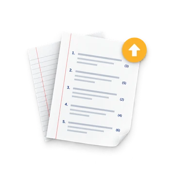 Two question papers, the top one showing numbered questions with their mark allocations, and an upload badge.