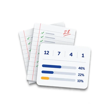 Checked answer sheets behind a card of batch figures and three bars, the weakest one highlighted.